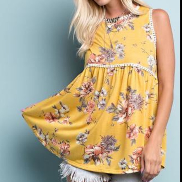 💚5/$25 1.4.3. Story Floral Sleeveless Mustard Yellow Top Sz S - Picture 1 of 9